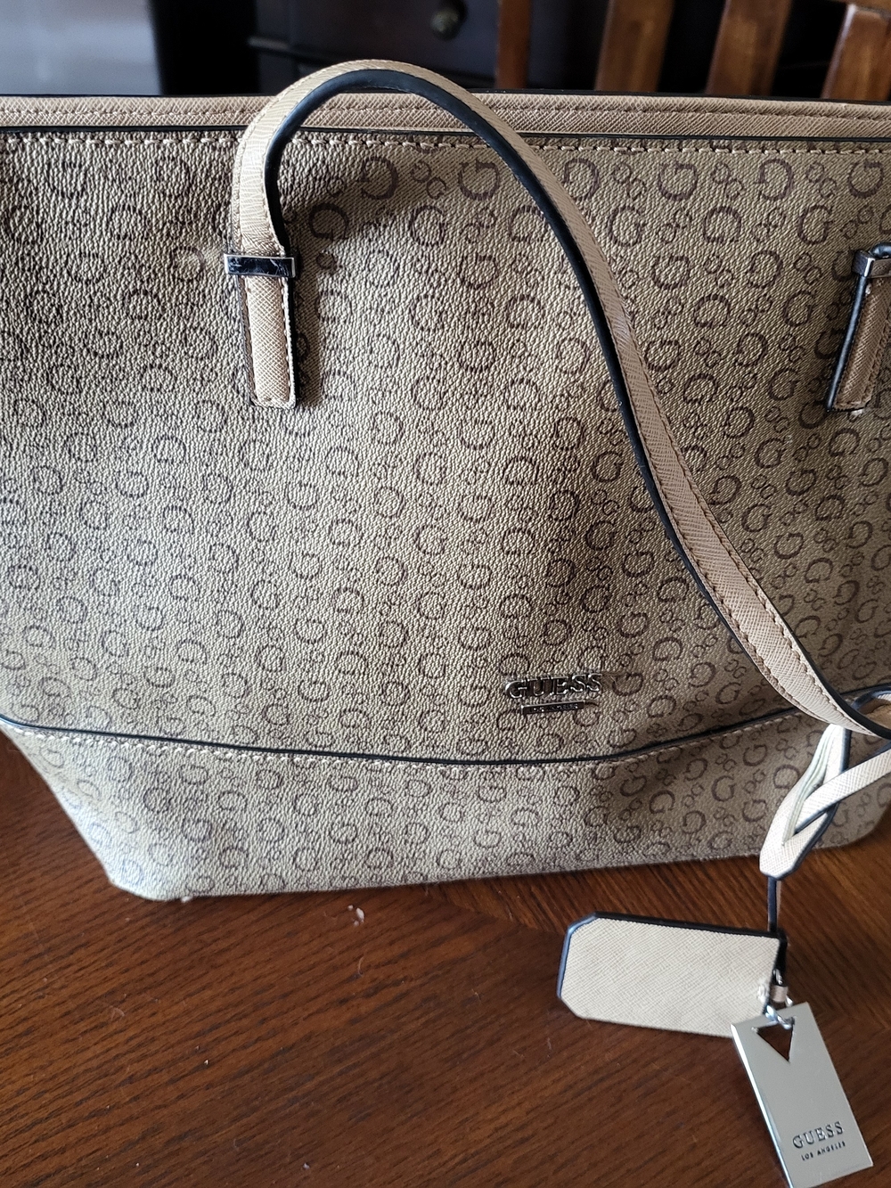 GUESS Monogram G Logo Large Beige Tan Tote Bag